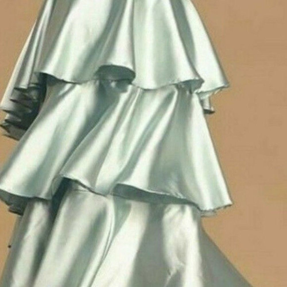 Lulus Mint Blue Satin Tiered Asymmetrical Midi Dress - Picture 12 of 14